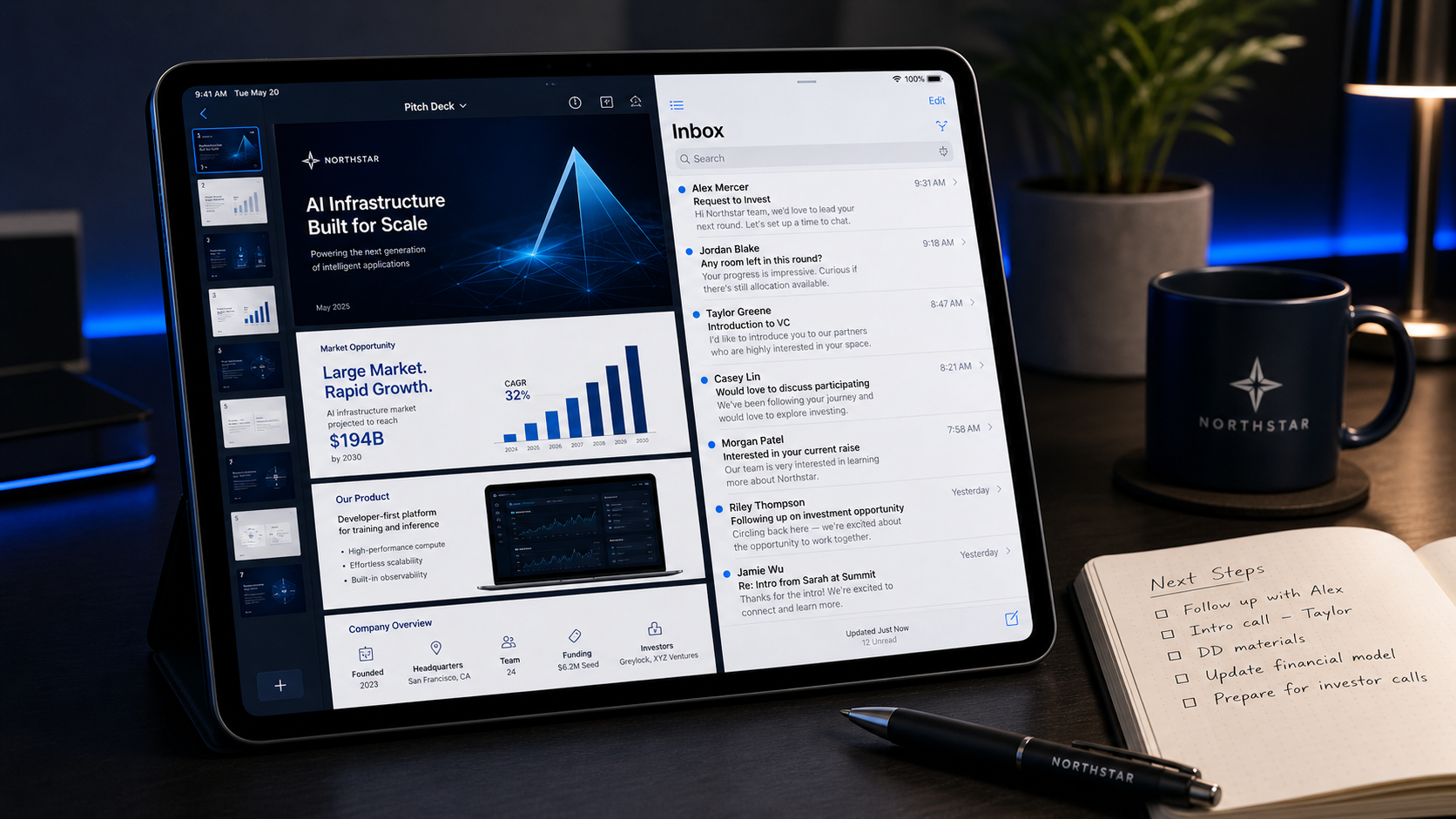 An investor-ready pitch deck beside follow-up investor messages
